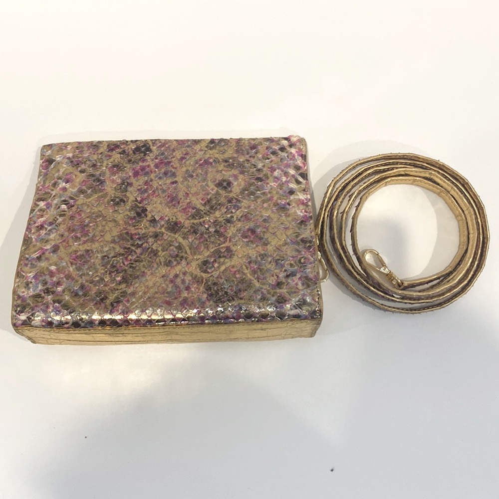 Nancy Gonzalez Gold/Pink Crocodile Leather Clutch Purse with Detachable Strap